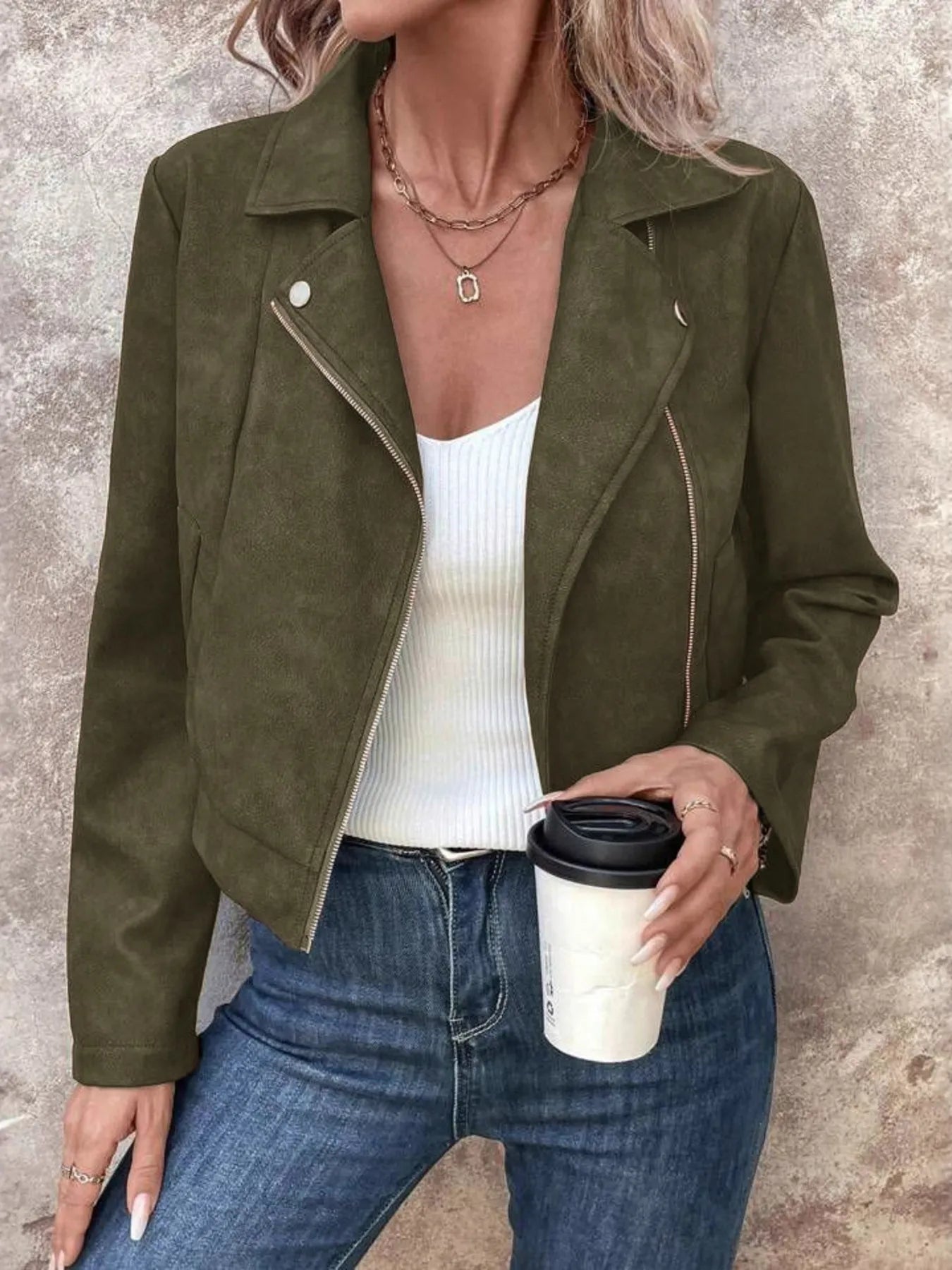 Zip Up Suede Cropped Moto Jacket Green S