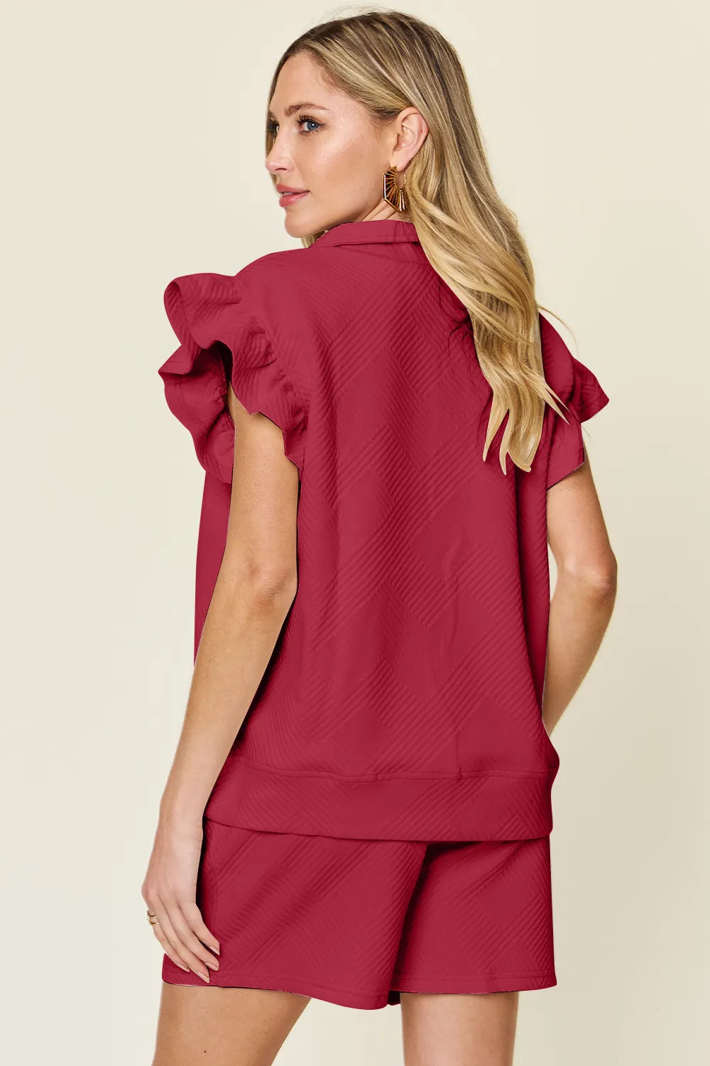 Texture Flounce Sleeve Top and Drawstring Shorts