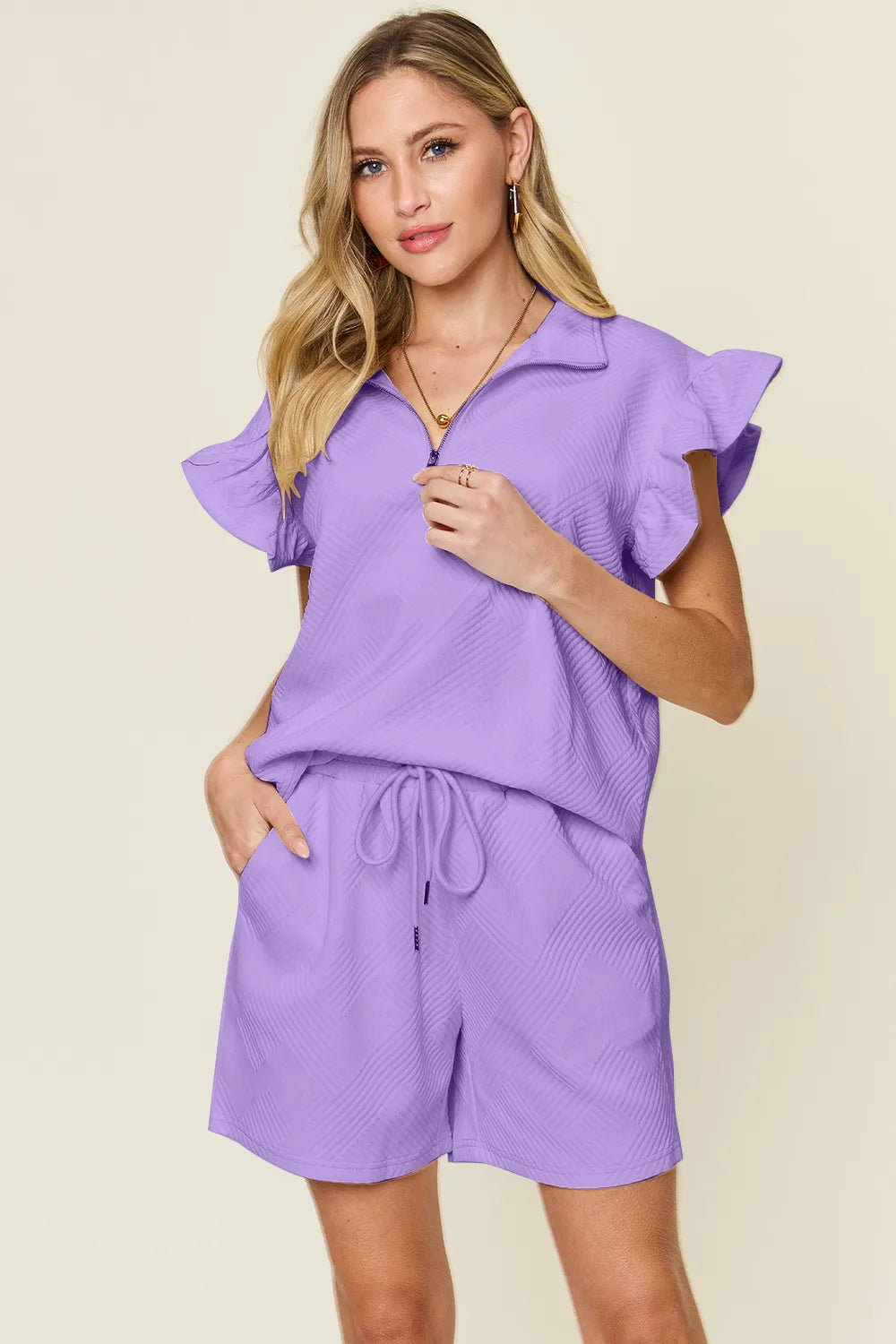 Texture Flounce Sleeve Top and Drawstring Shorts Lavender S