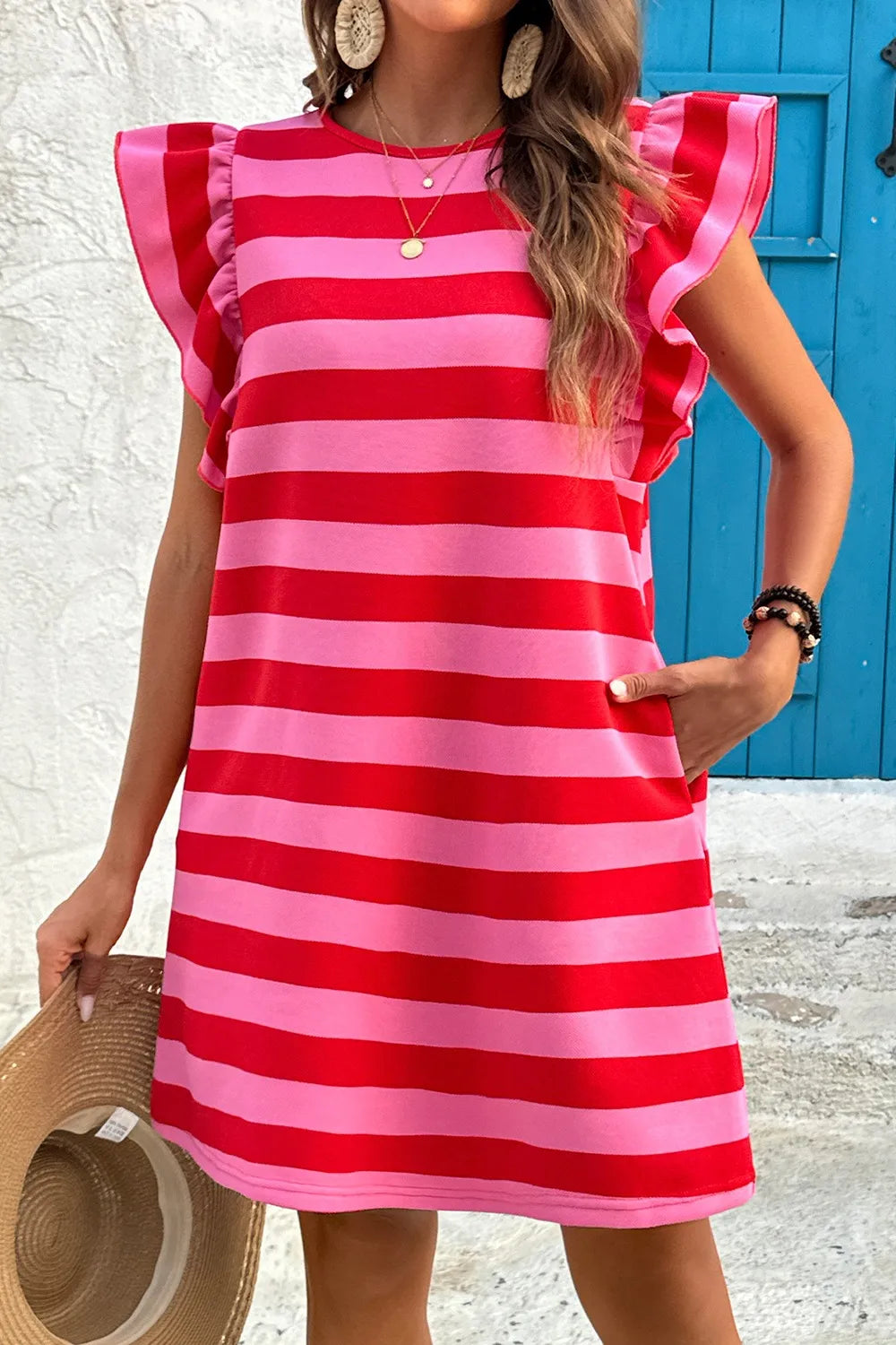 Contrast Striped Round Neck Cap Sleeve Mini Dress Strawberry XS