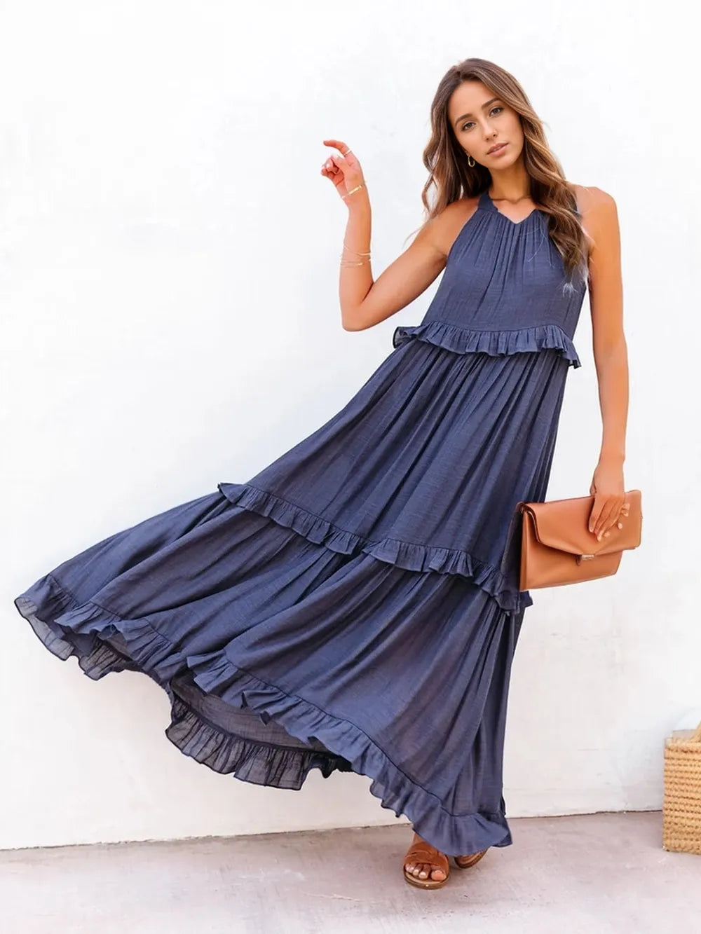 Ruffled Sleeveless Tiered Maxi Dress with Pockets Dark Blue S