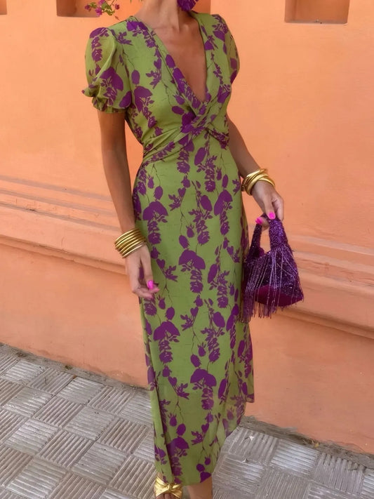 Printed Plunge Short Sleeve Midi Dress Moss S