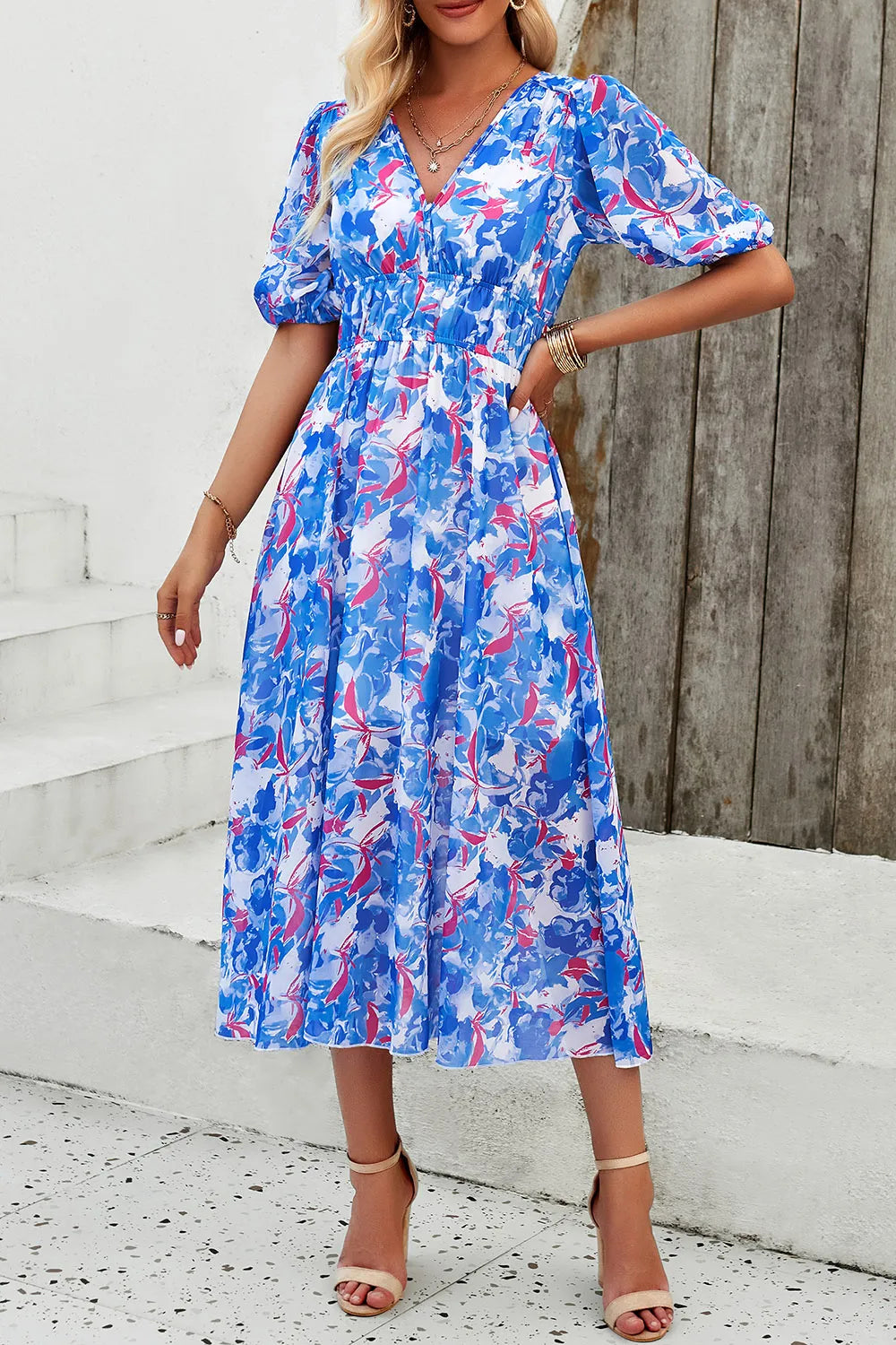 Devine Smocked Printed V-Neck Short Sleeve Dress Blue S