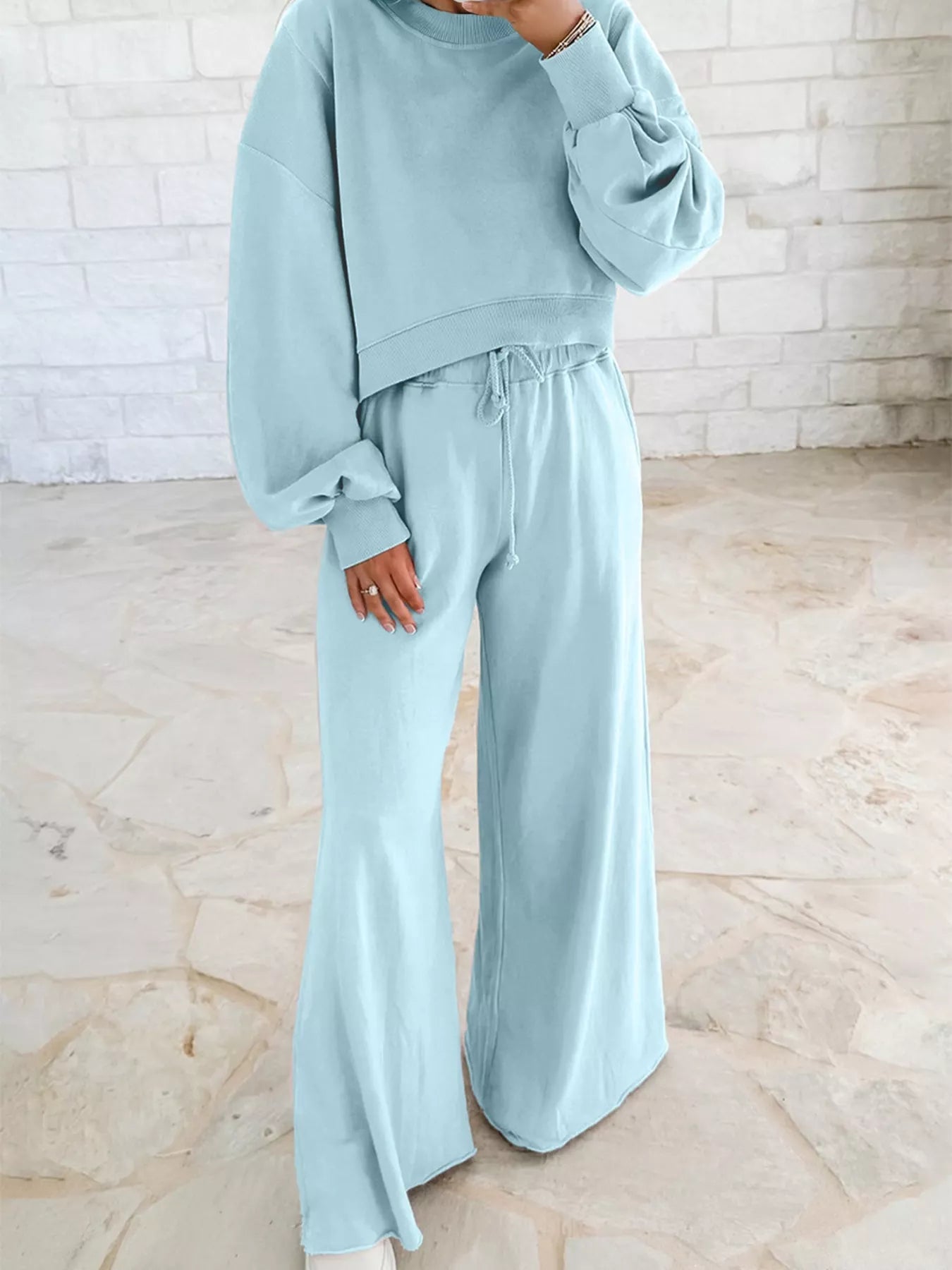 Drop Shoulder Puff Sleeve Crop Top and Drawstring Wide Leg Pants Set Light Blue S