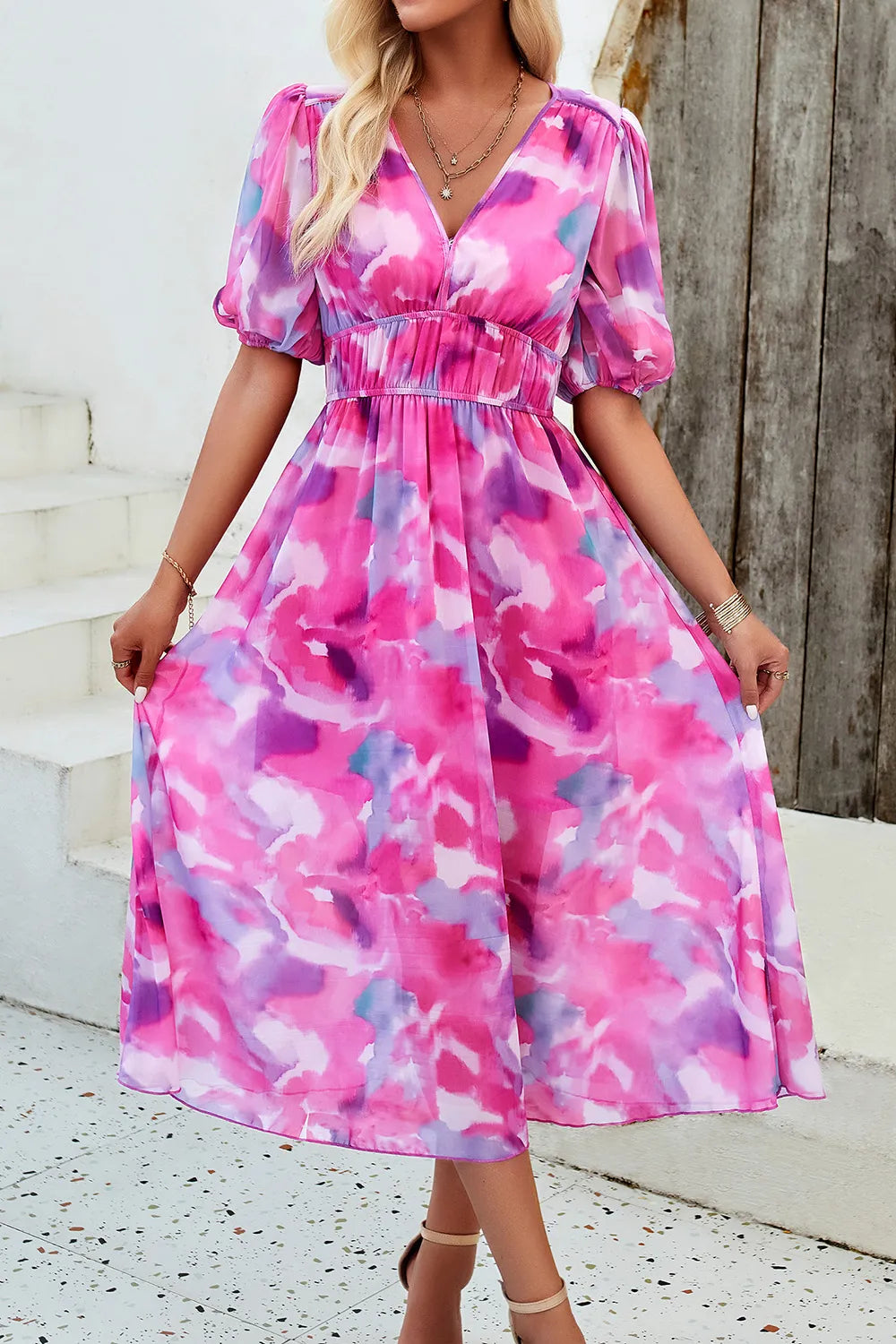 Devine Smocked Printed V-Neck Short Sleeve Dress Hot Pink S