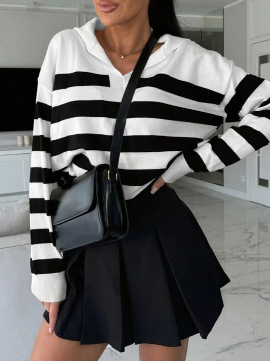 Striped Dropped Shoulder Knit Top White S