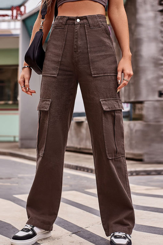 Buttoned High Waist Loose Fit Jeans Brown S