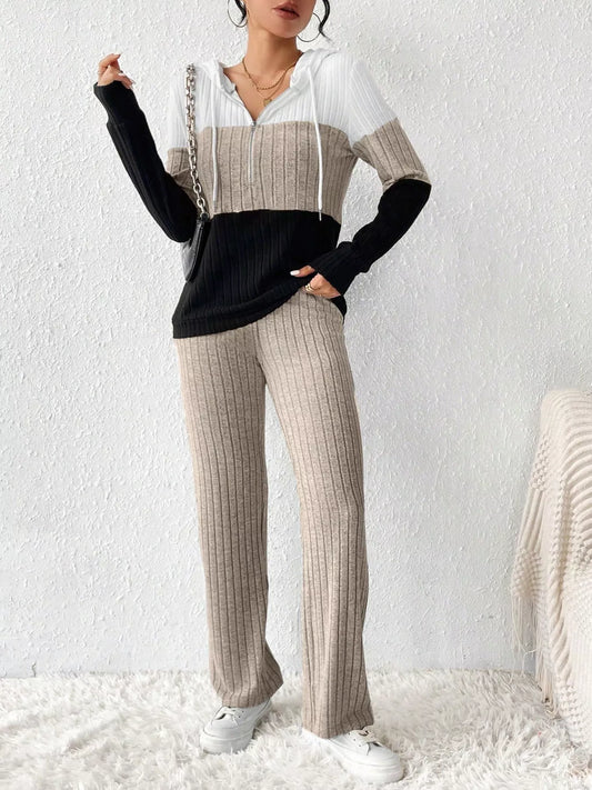 Color Block Half Zip Hooded Top and Pants Set Apricot S