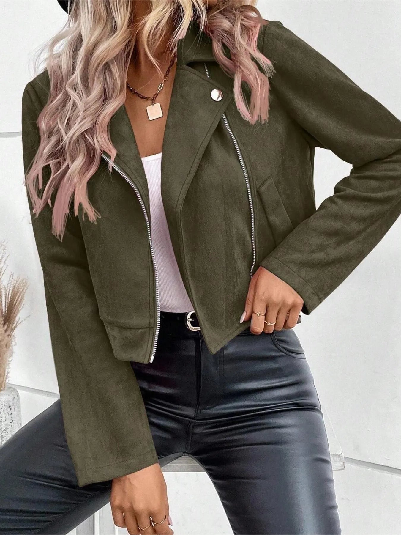 Zip Up Suede Cropped Moto Jacket