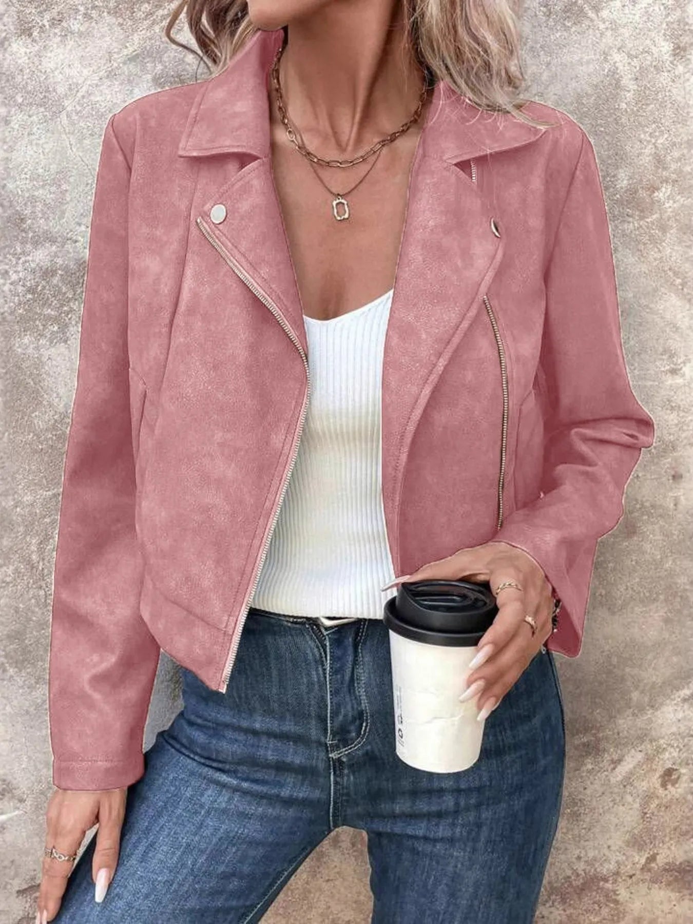 Zip Up Suede Cropped Moto Jacket Pink S
