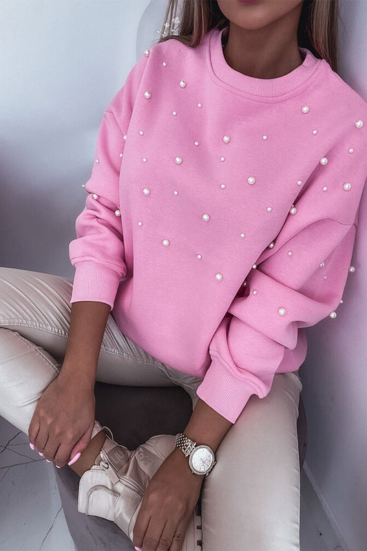 Bonbon Pearl Detail Ribbed Crew Neck Sweatshirt Pink S