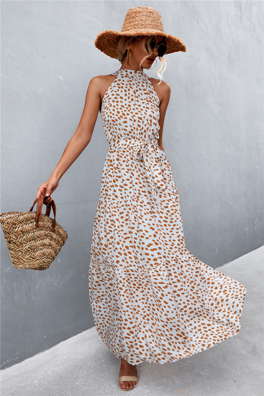 Printed Sleeveless Tie Waist Maxi Dress Beige S