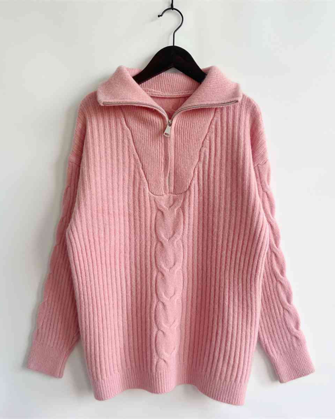 Ribbed Half Zip Long Sleeve Sweater Dusty Pink S