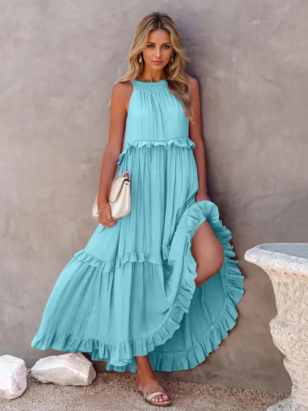 Ruffled Sleeveless Tiered Maxi Dress with Pockets Sky Blue S