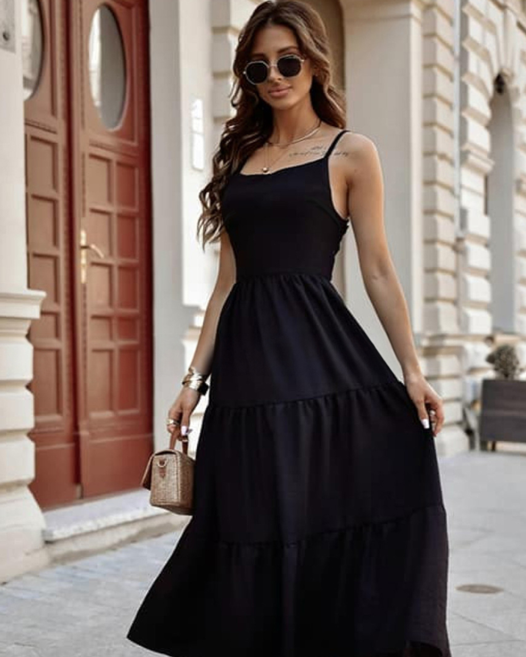 Black Crossover Tiered Maxi Dress