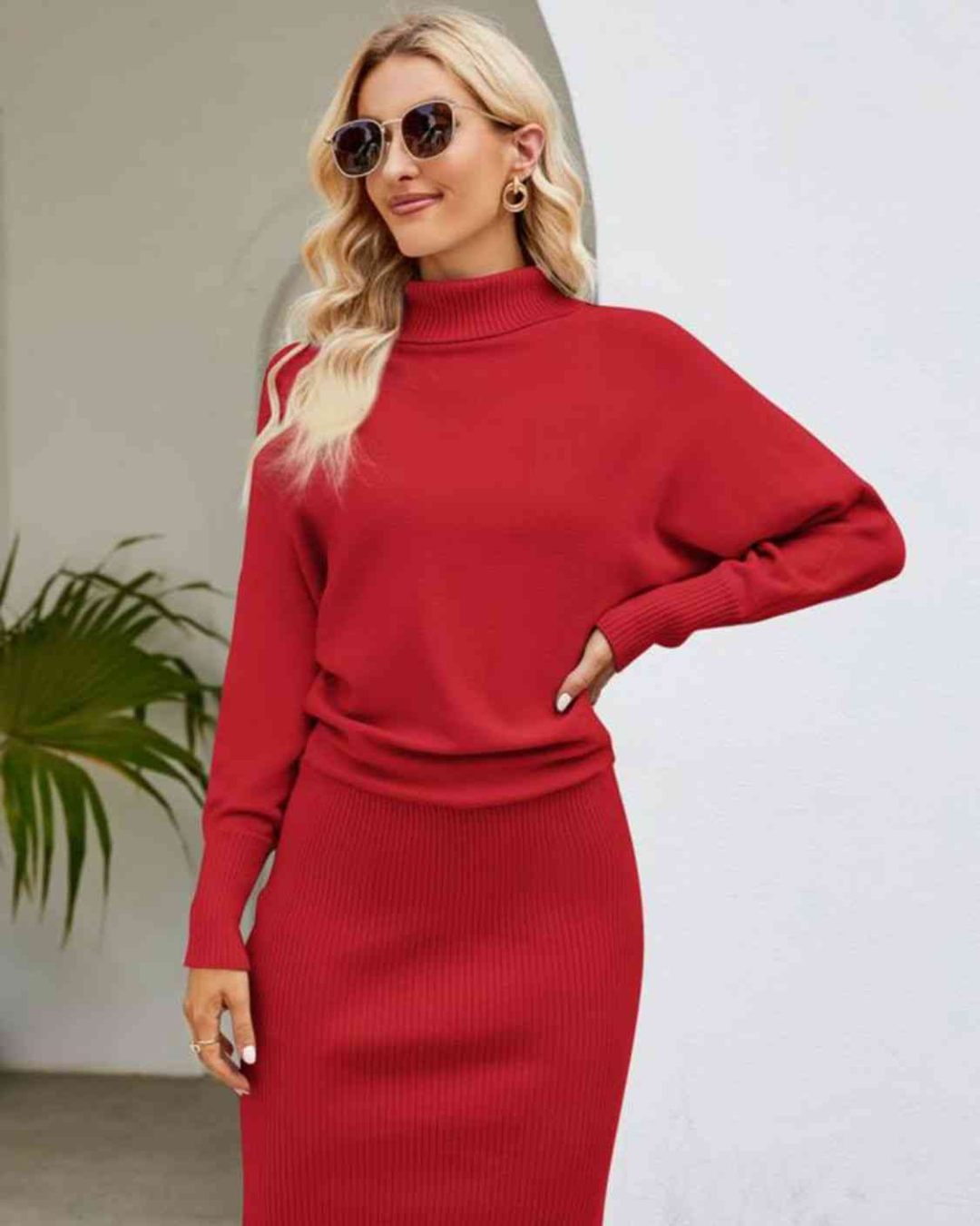 Turtle Neck Long Sleeve Ribbed Sweater Dress Deep Red S