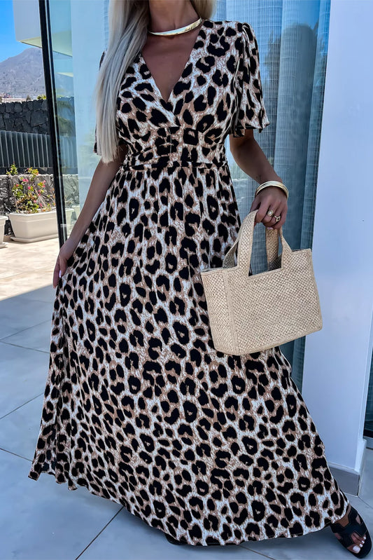 Khaki Leopard V Neck Cinched High Waist Open Back Maxi Dress Khaki S 100%Polyester