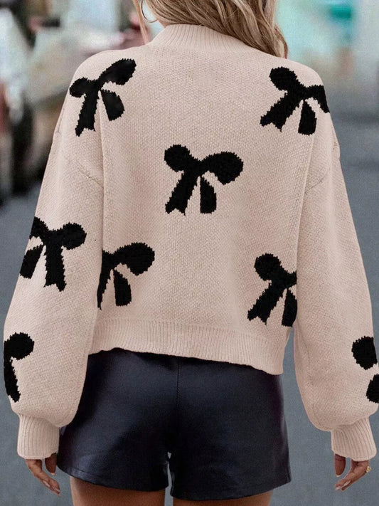 Pearl Embellished Bow Pattern Loose Sweater