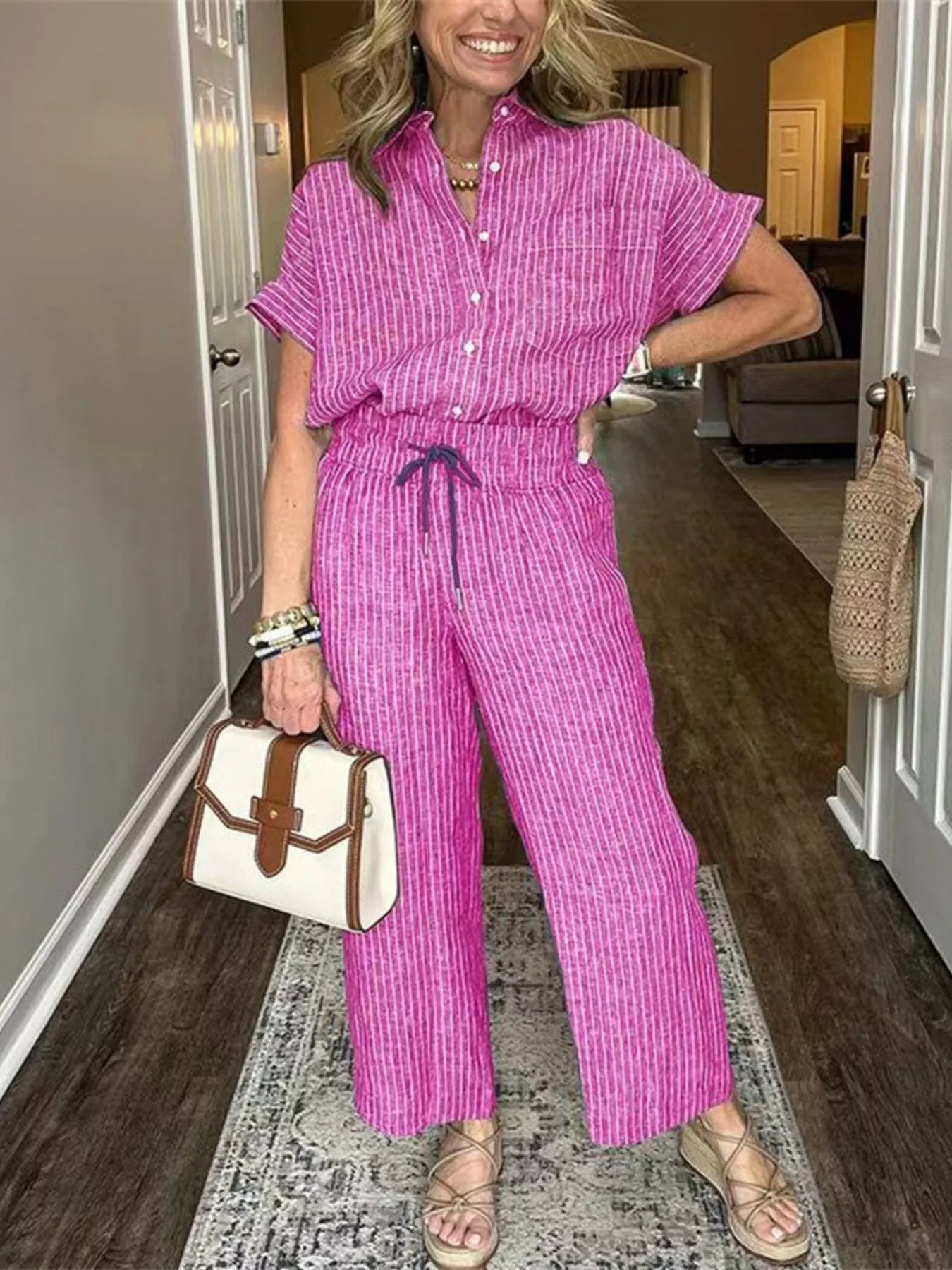 Striped Button-Up Shirt With Wide Leg Pants Fuchsia Pink XS