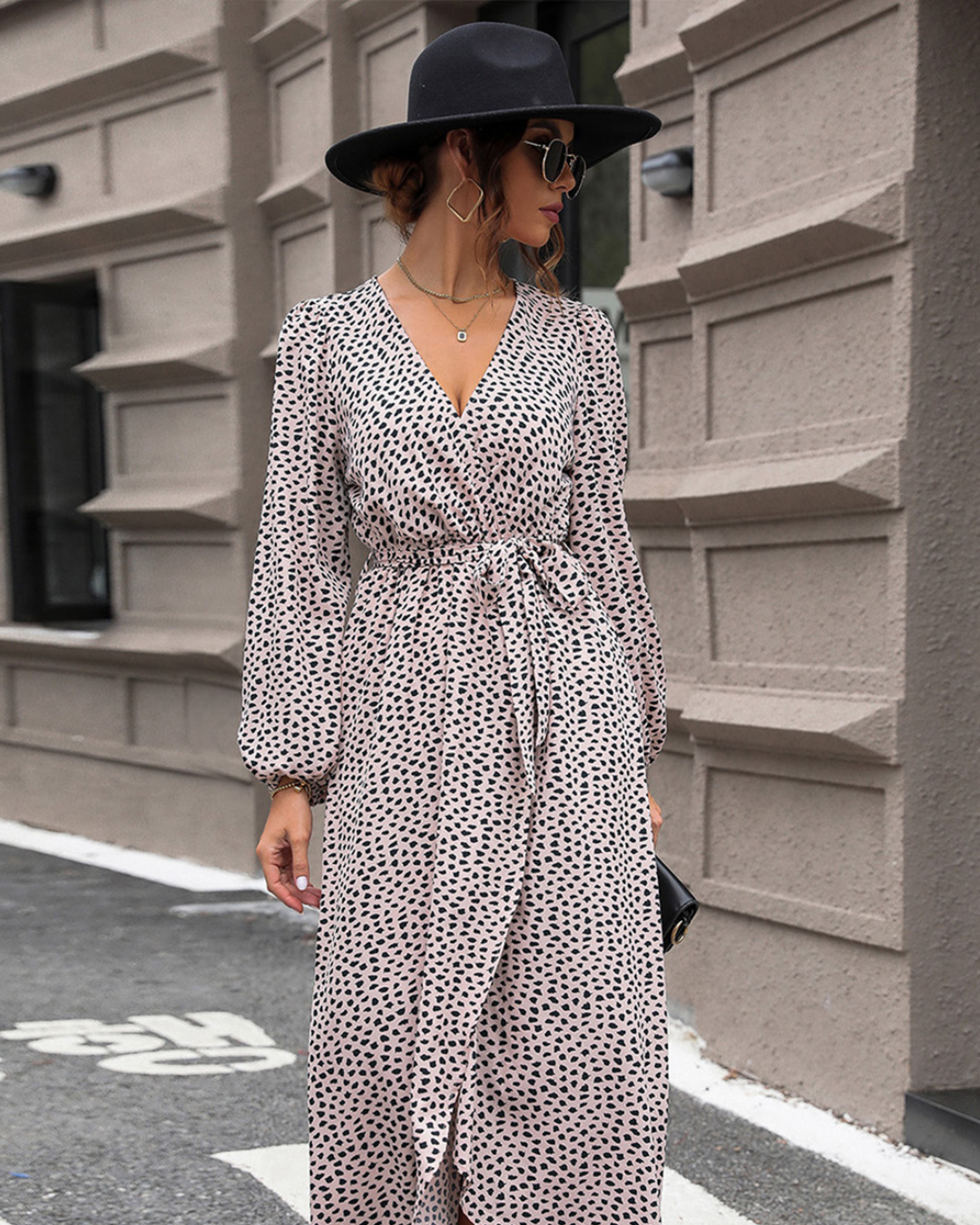 Slit Printed Surplice Dress Mocha S