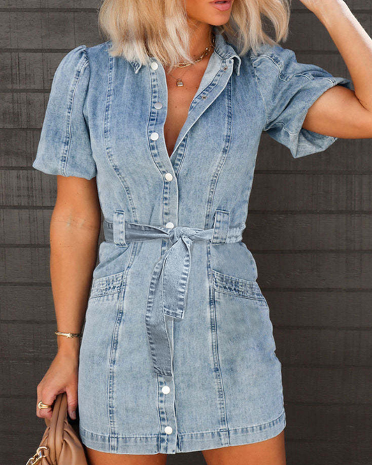 Puff Sleeve Button Up Denim Dress Denim S