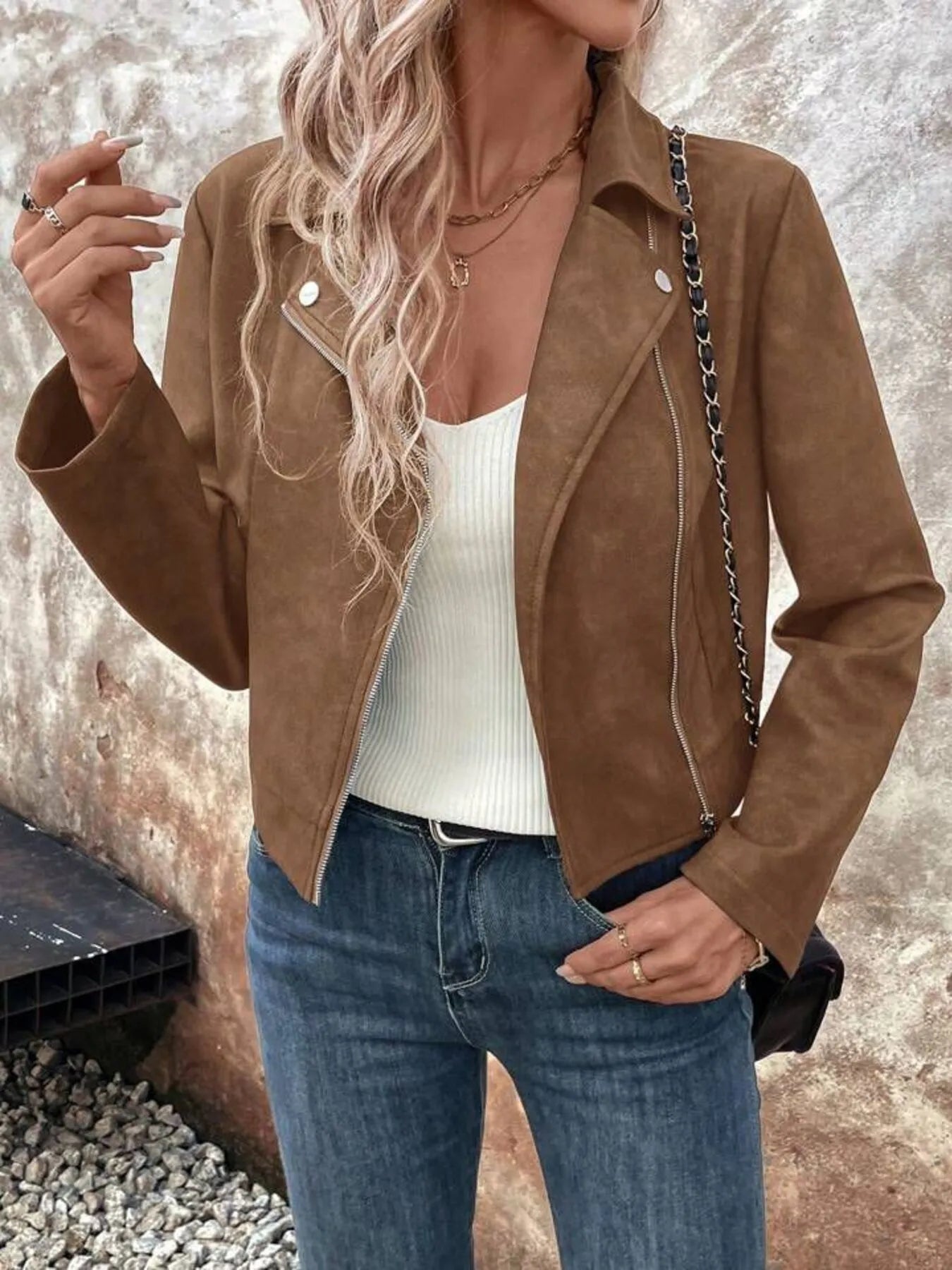 Zip Up Suede Cropped Moto Jacket