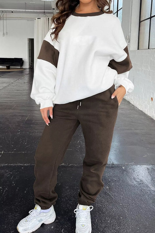 Drop Shoulder Loose Sweatshirt and Joggers Active Set Chocolate S