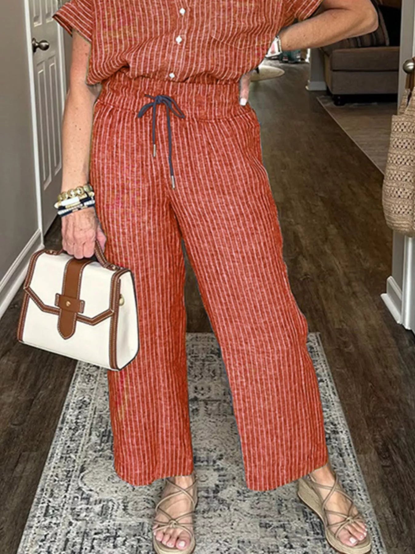 Striped Button-Up Shirt With Wide Leg Pants