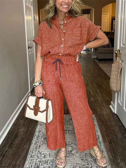 Striped Button-Up Shirt With Wide Leg Pants Orange-red XS