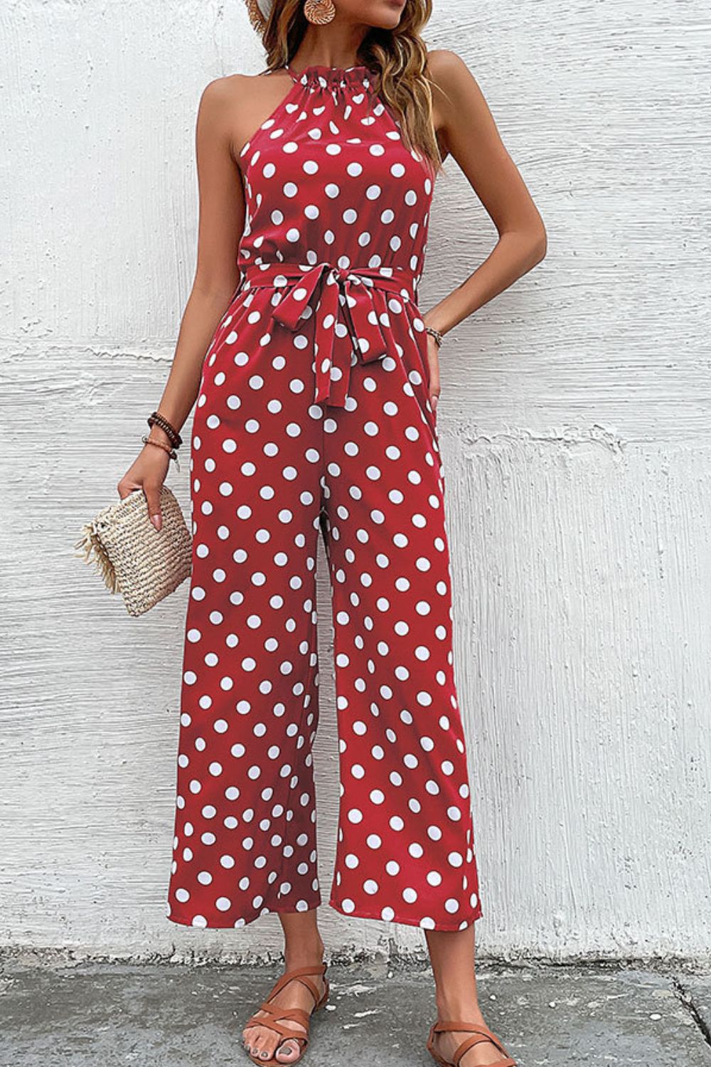 Perfee Polka Dot Grecian Wide Leg Jumpsuit Red L