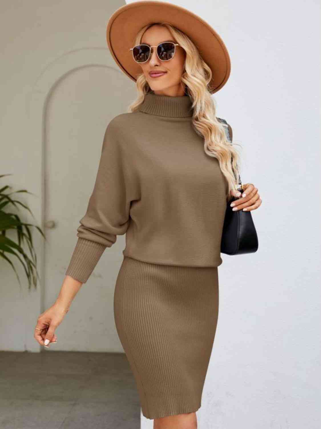 Turtle Neck Long Sleeve Ribbed Sweater Dress Caramel S