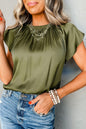 Jungle Green Pleated Flutter Sleeve Satin Top Jungle Green S
