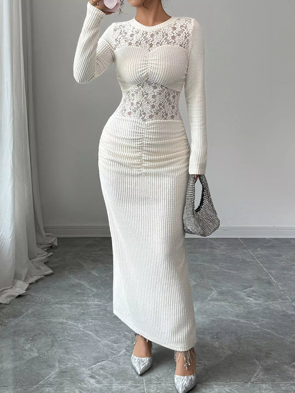 Lace Panel Ruched Bodycon Maxi Dress