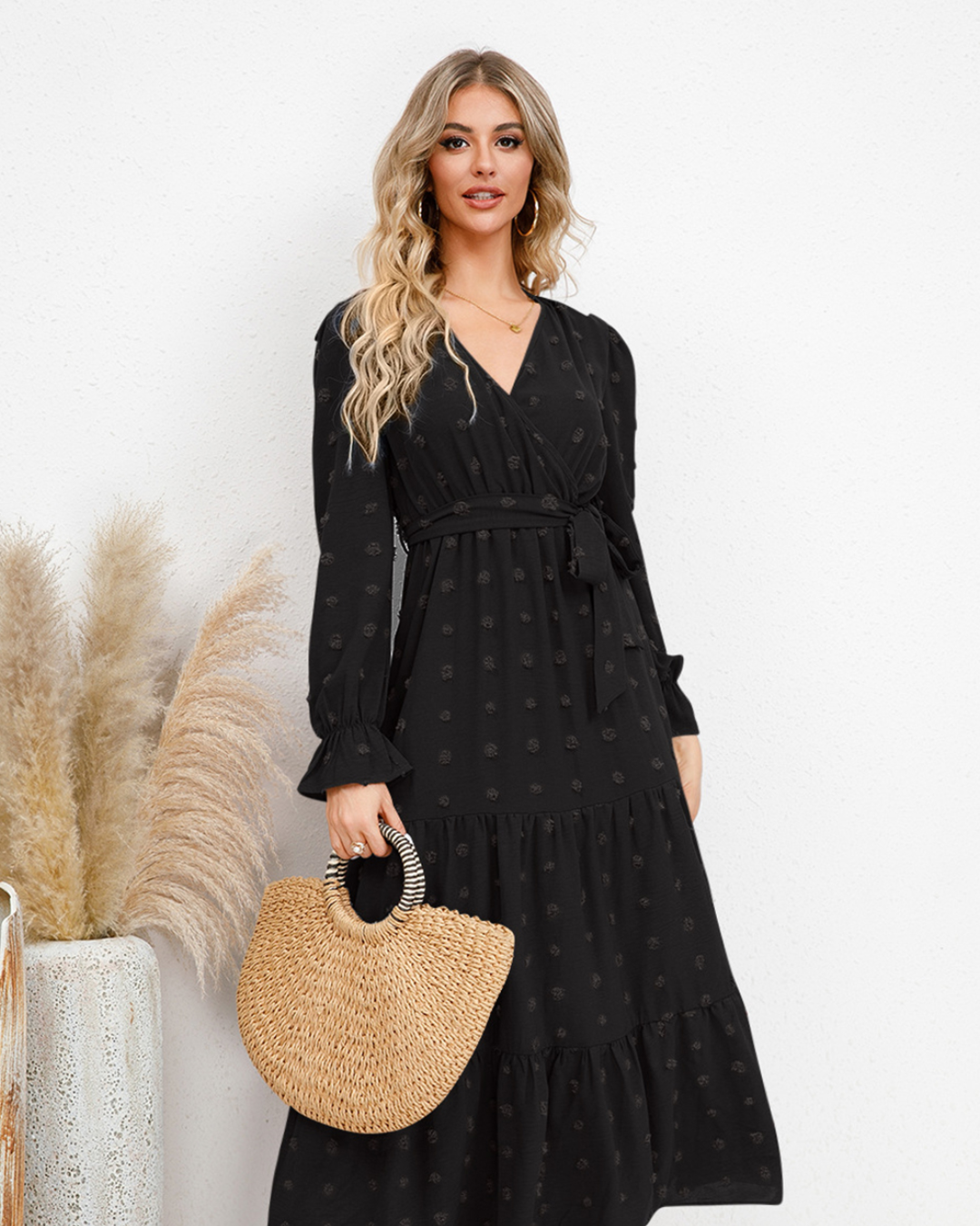 Swiss Dot Tied Surplice Dress   