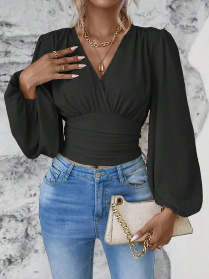 Smocked Surplice Balloon Sleeve Top Black S