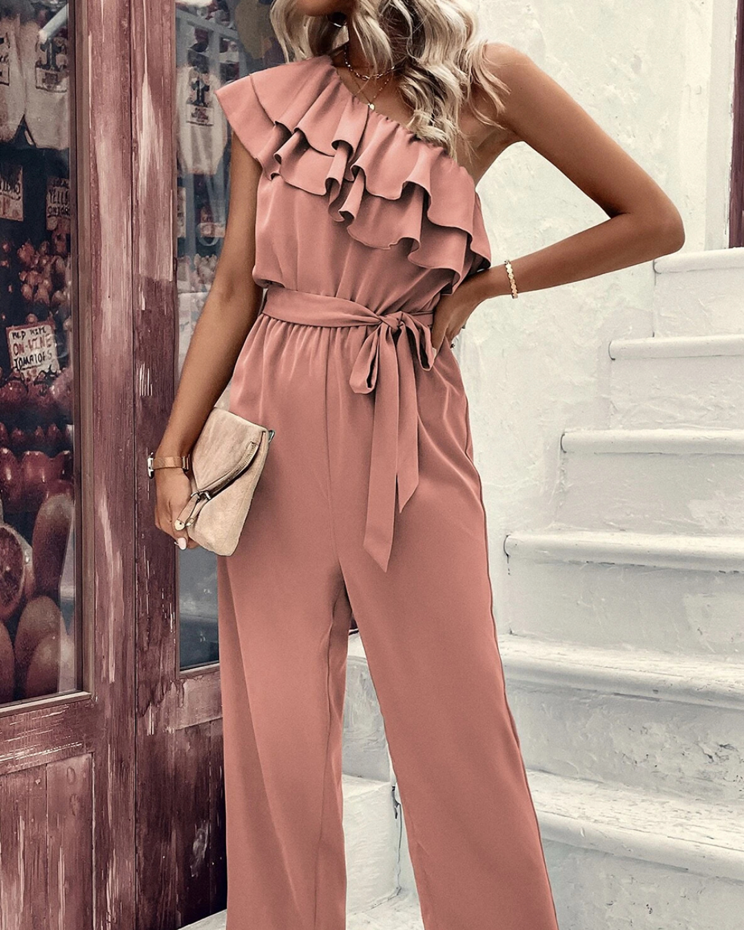 Dusty Pink Ruffle Trim Belted Jumpsuit   