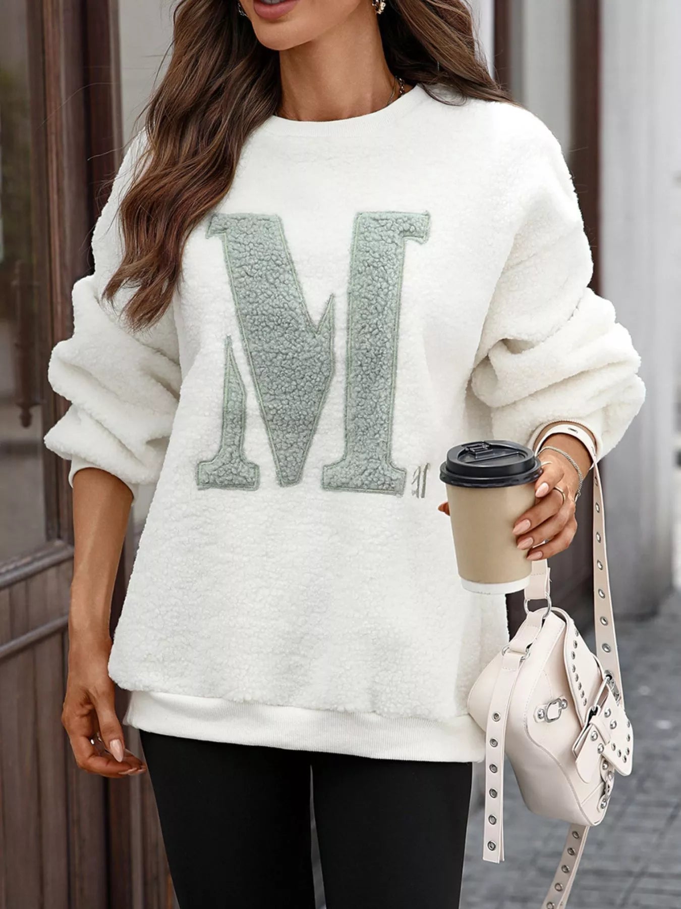 Letter Round Neck Fleece Sweatshirt