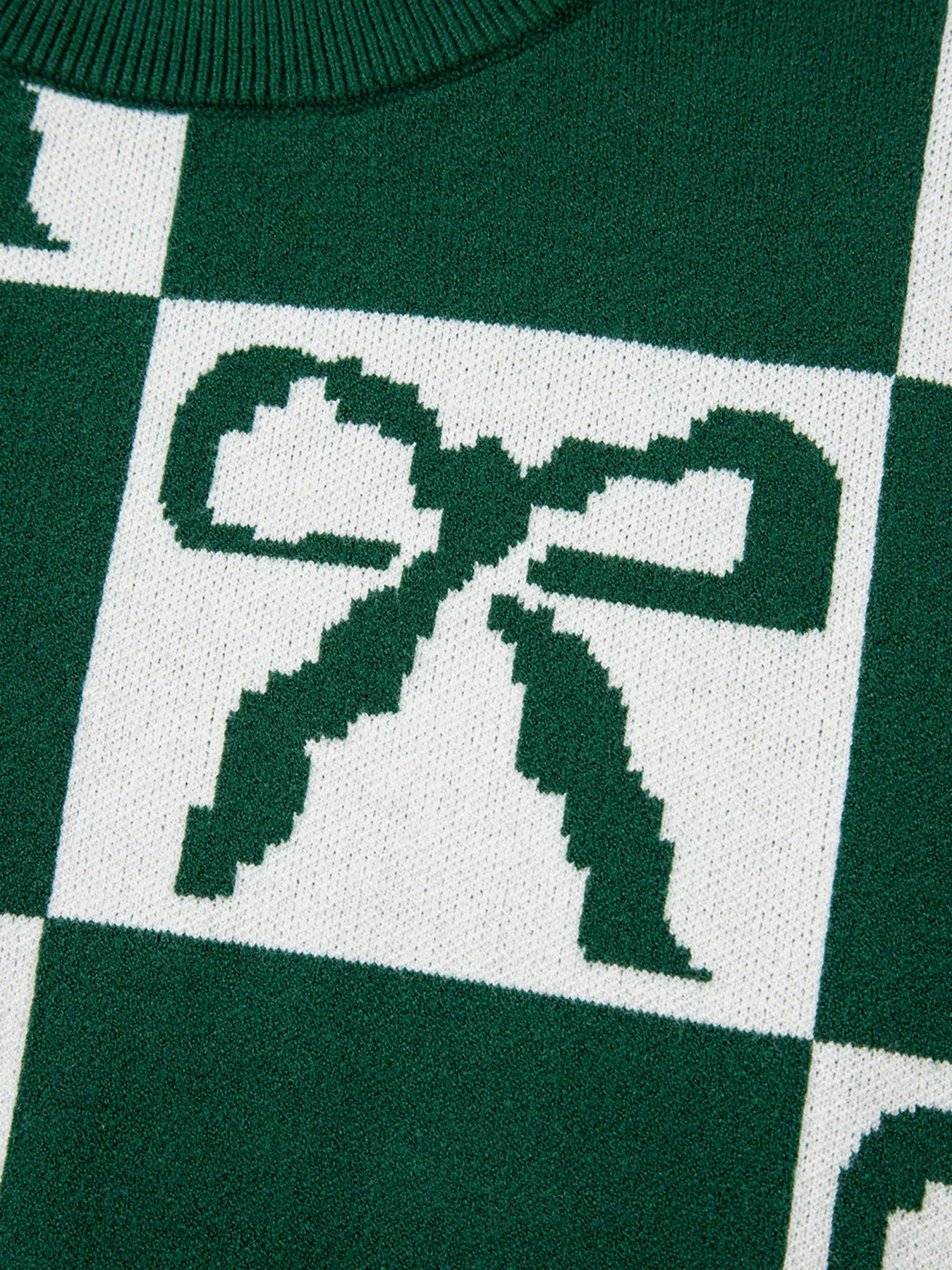 Checkered Bow Round Neck Casual Sweater