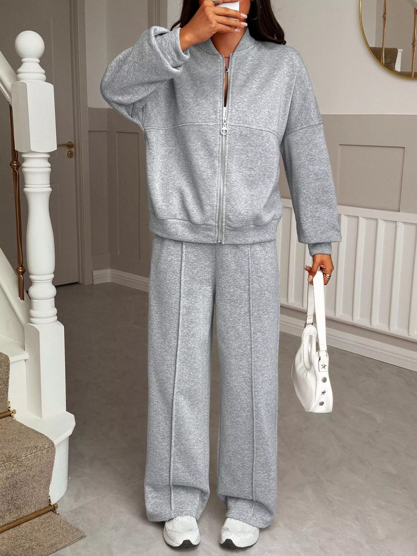 Casual Zipper Front Top and Wide Leg Pants Set Gray S