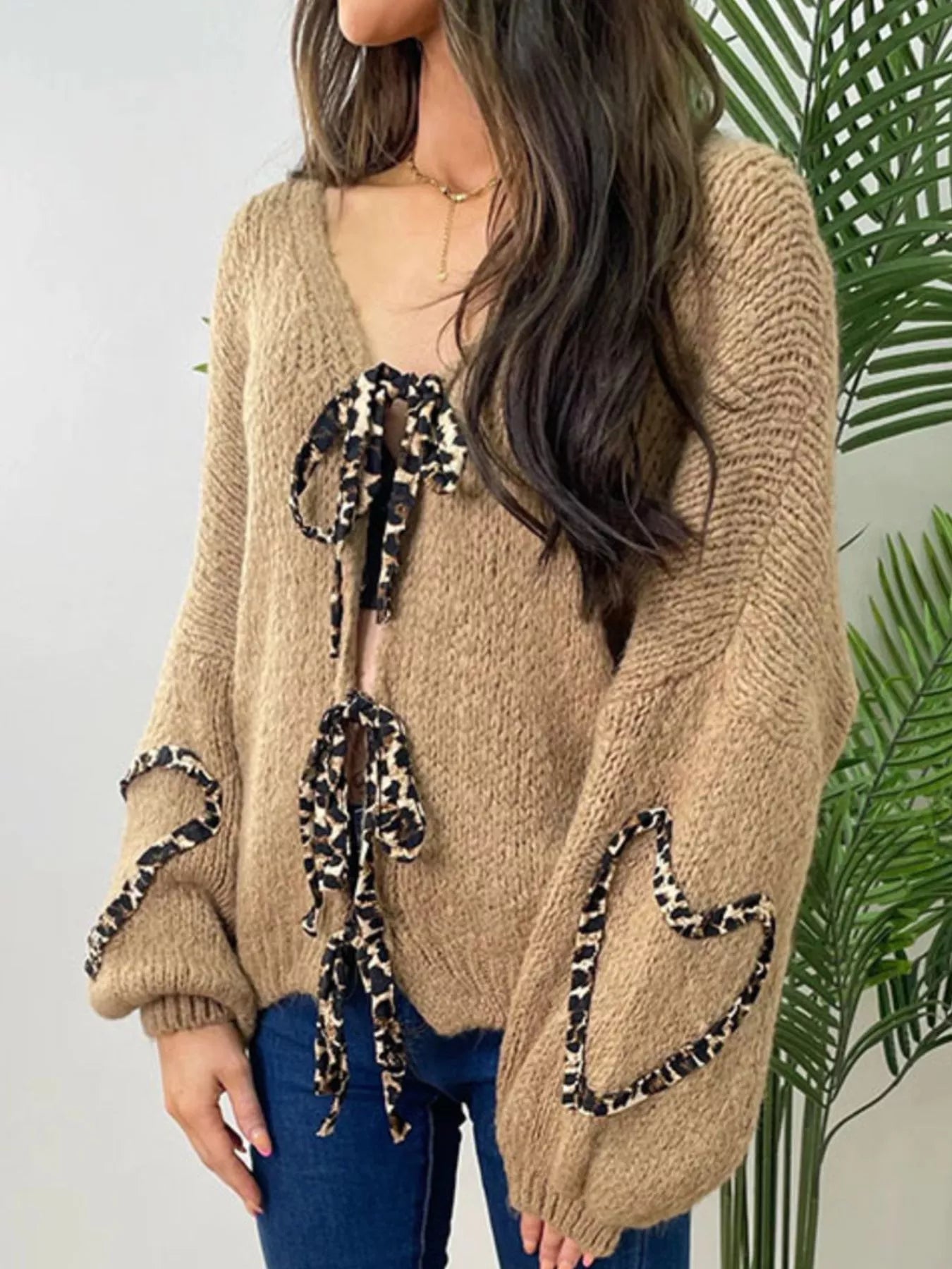 Tie Front Long Sleeve Sweater Khaki S