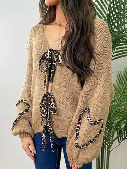 Tie Front Long Sleeve Sweater Khaki S