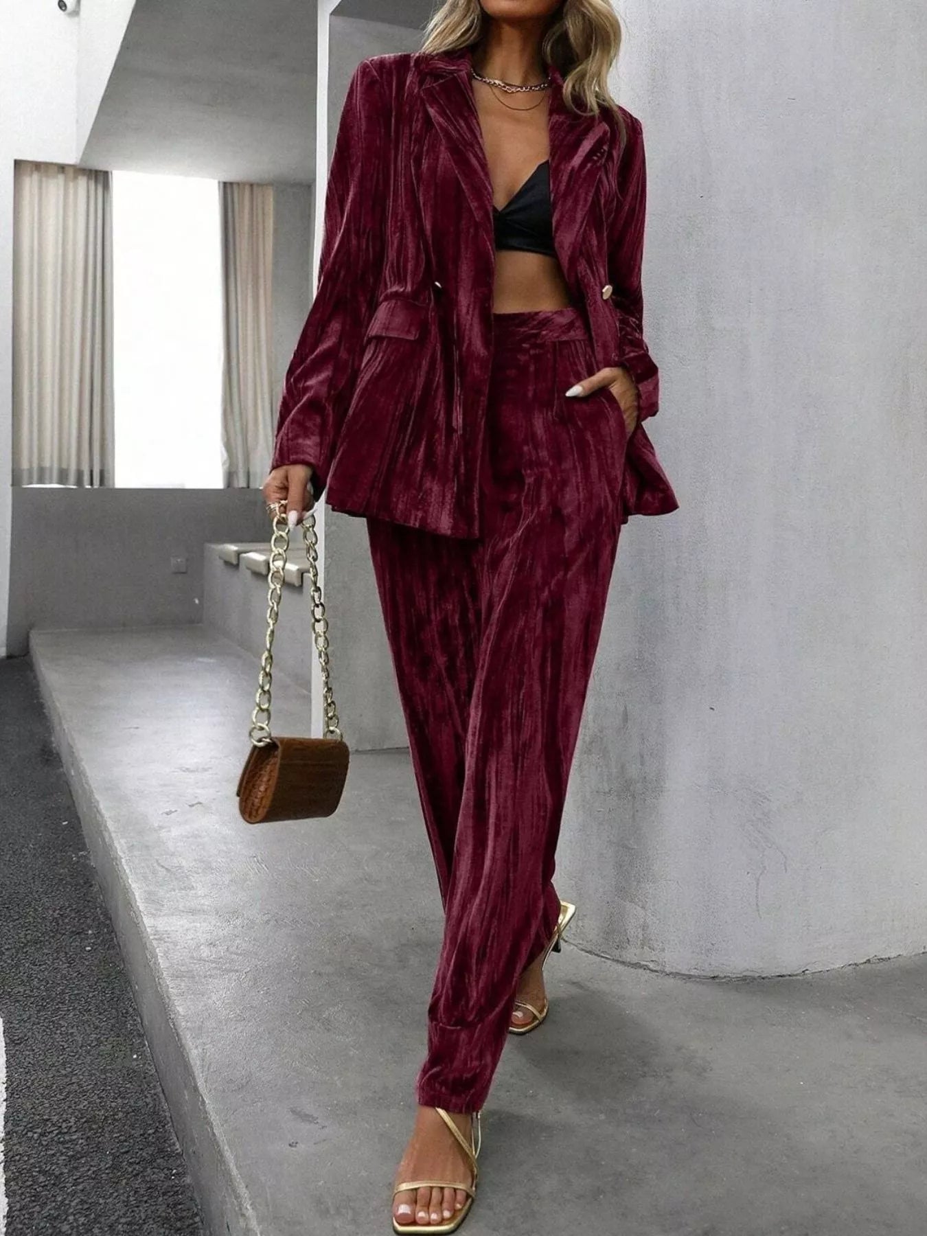 Lapel Collar Long Sleeve Blazer and Pants Set Burgundy S