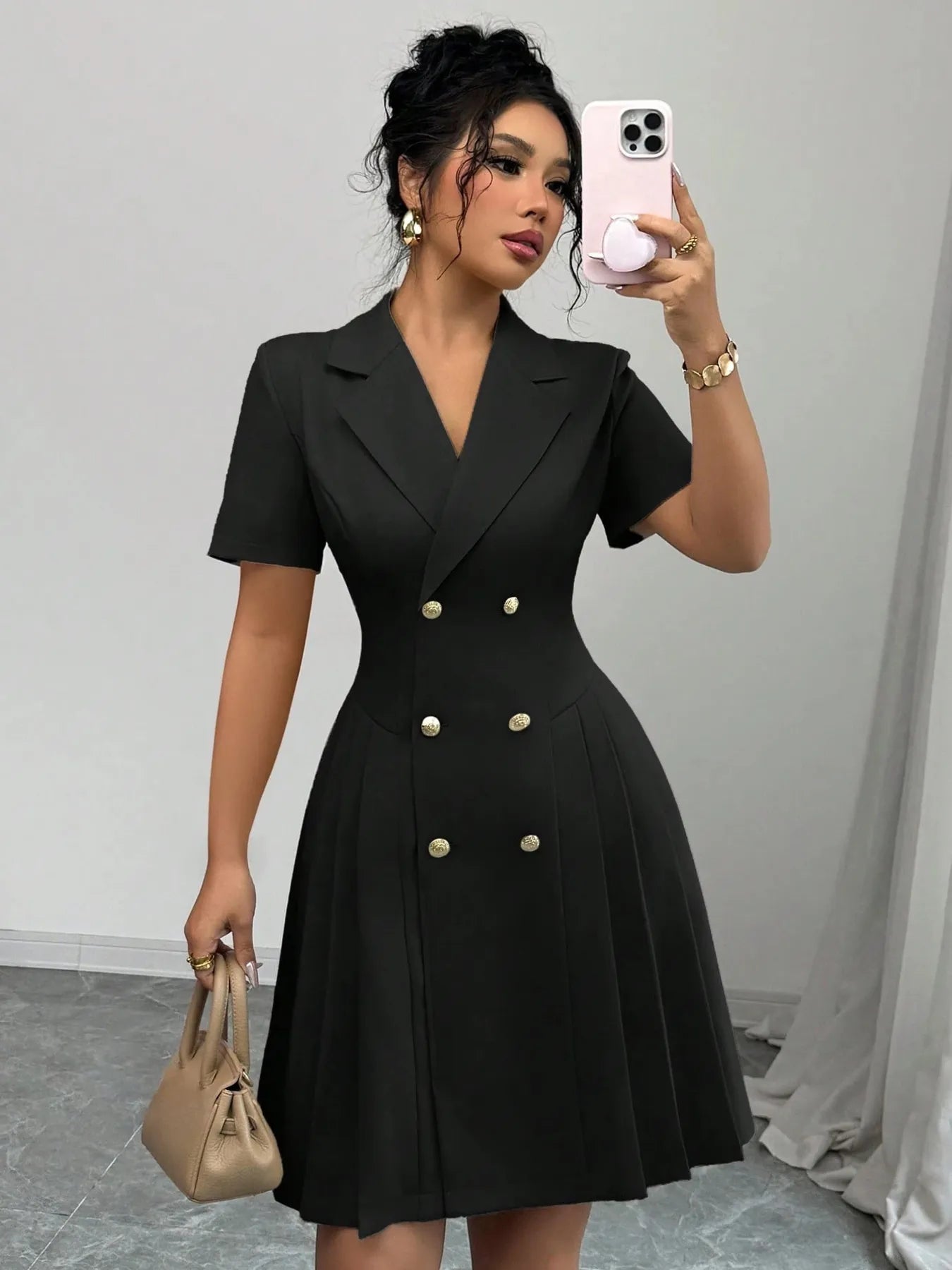 Double-Breasted Short Sleeve Dress Black S