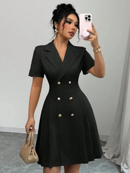 Double-Breasted Short Sleeve Dress Black S