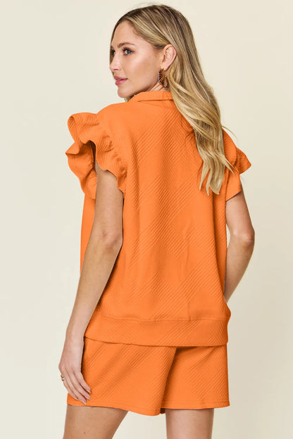 Texture Flounce Sleeve Top and Drawstring Shorts