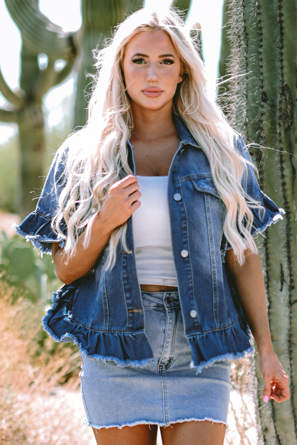 Raw Edge Ruffled Denim Jacket   