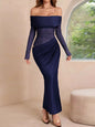 Off-Shoulder Long Sleeve Ruched Bodycon Maxi Dress Dark Blue S