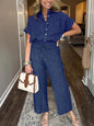 Striped Button-Up Shirt With Wide Leg Pants Navy XS