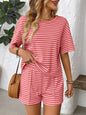 Striped Round Neck Short Sleeve Top and Shorts Set Strawberry S