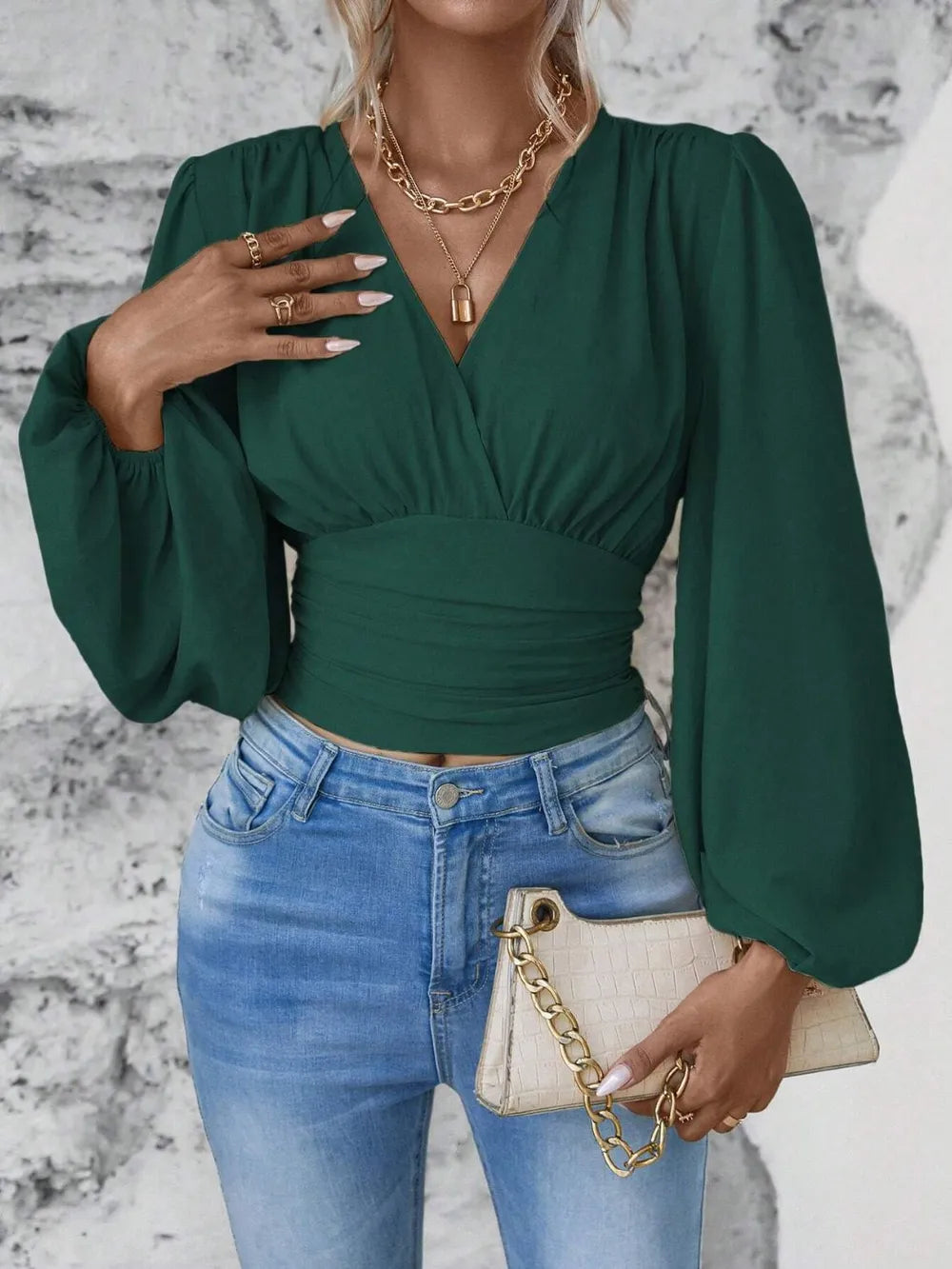 Smocked Surplice Balloon Sleeve Top Dark Green S